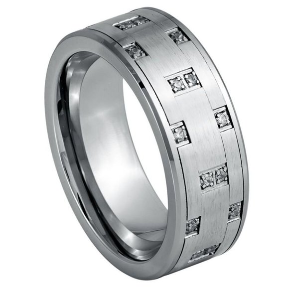New 8mm Pipe cut Alternating Prong set white CZ Tungsten Wedding Band
